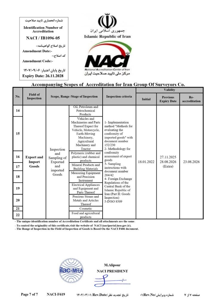 NACI Certificate of IGS inspection Company